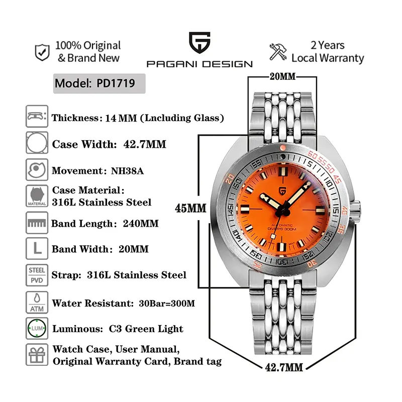 Pagani Design Diver's Automatic Orange Dial Men's Watch-  PD-1719